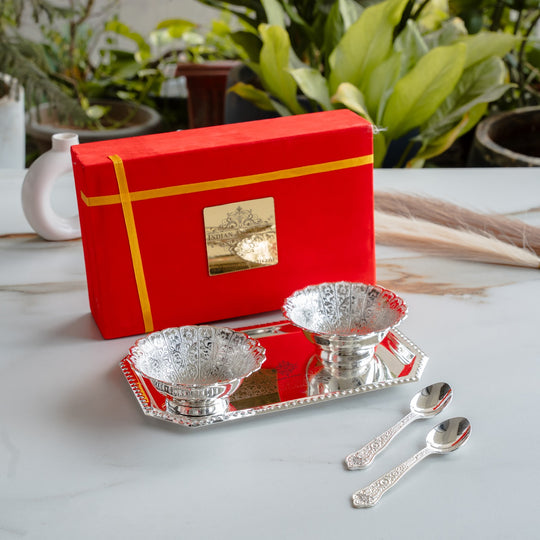 Silver Plated Set of 2 Curved Bowl with 2 Spoon & 1 Tray