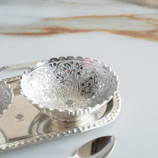 Pure Silver Plated Design Gift Set  2 Bowl with 2 Spoon & 1 Tray,