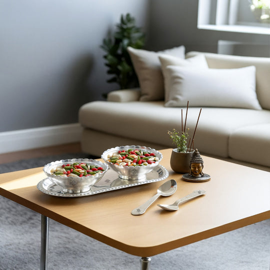 Pure Silver Plated Design Gift Set  2 Bowl with 2 Spoon & 1 Tray,