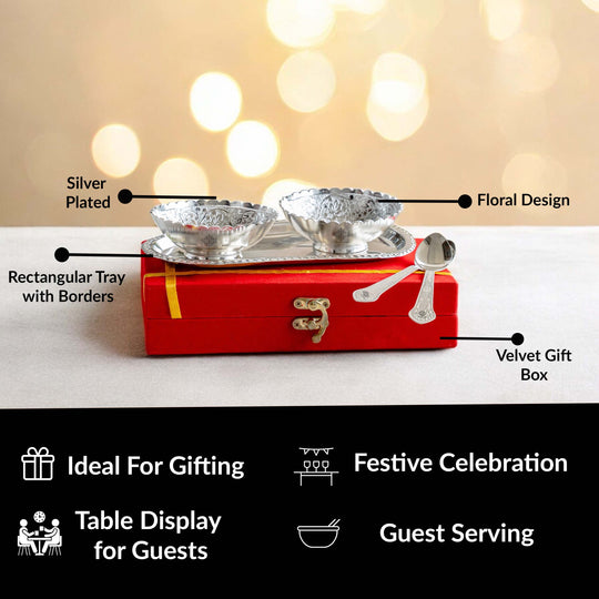 Pure Silver Plated Design Gift Set  2 Bowl with 2 Spoon & 1 Tray,