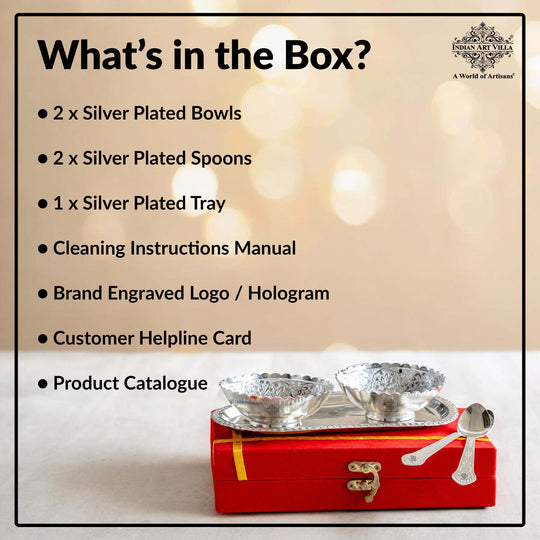Pure Silver Plated Design Gift Set  2 Bowl with 2 Spoon & 1 Tray,