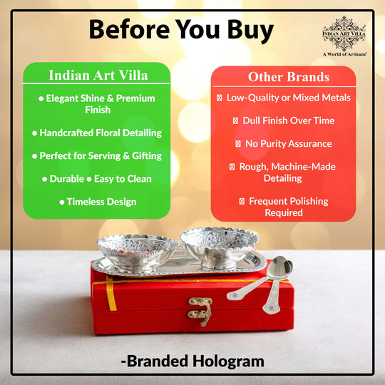Pure Silver Plated Design Gift Set  2 Bowl with 2 Spoon & 1 Tray,