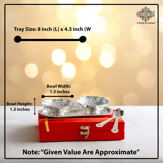 Pure Silver Plated Design Gift Set  2 Bowl with 2 Spoon & 1 Tray,