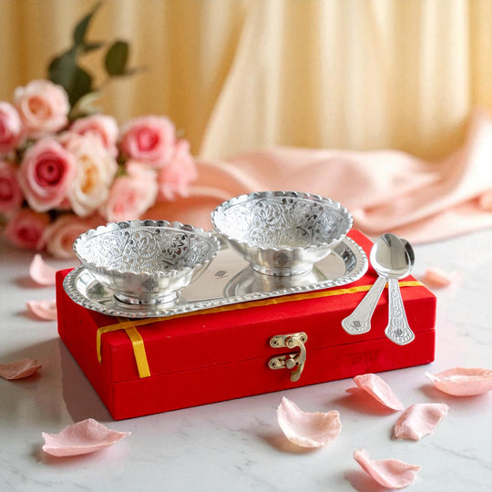 Pure Silver Plated Design Gift Set  2 Bowl with 2 Spoon & 1 Tray,