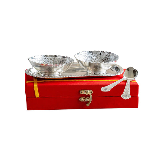 Pure Silver Plated Design Gift Set  2 Bowl with 2 Spoon & 1 Tray,