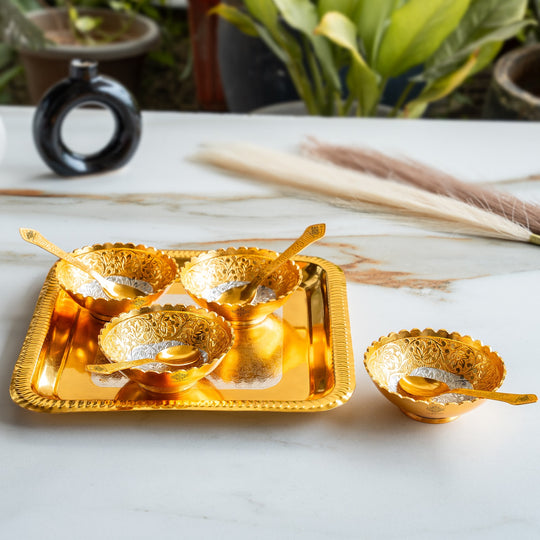 Silver Plated Gold Polished Embossed Flower Design Bowl Set With 4 Spoons & 1 Tray, Service For 4, Festive Gifts