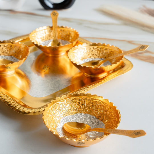 Silver Plated Gold Polished Embossed Flower Design Bowl Set With 4 Spoons & 1 Tray, Service For 4, Festive Gifts