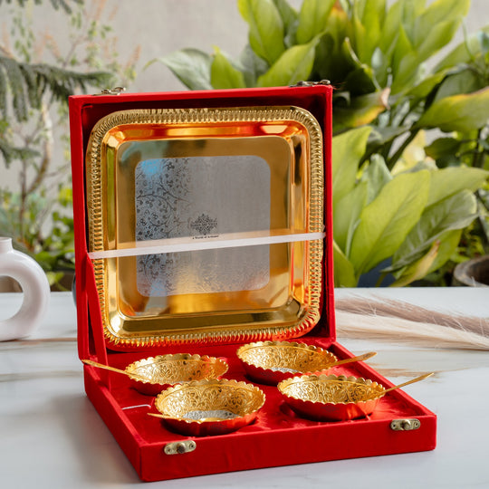 Silver Plated Gold Polished Embossed Flower Design Bowl Set With 4 Spoons & 1 Tray, Service For 4, Festive Gifts