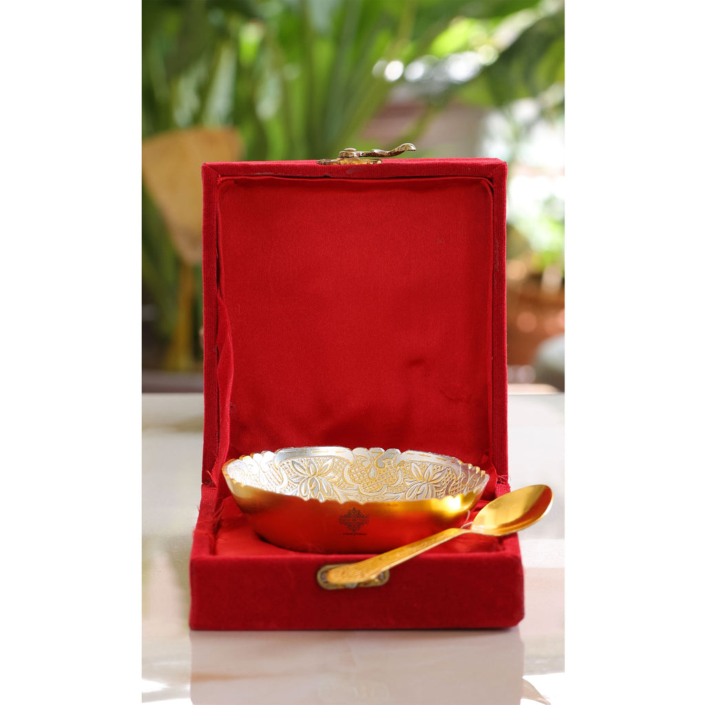 Indian Art Villa Silver Plated & Gold Polished Embossed Flower Design  Bowl With Spoon, Diwali Festive Gifts Item