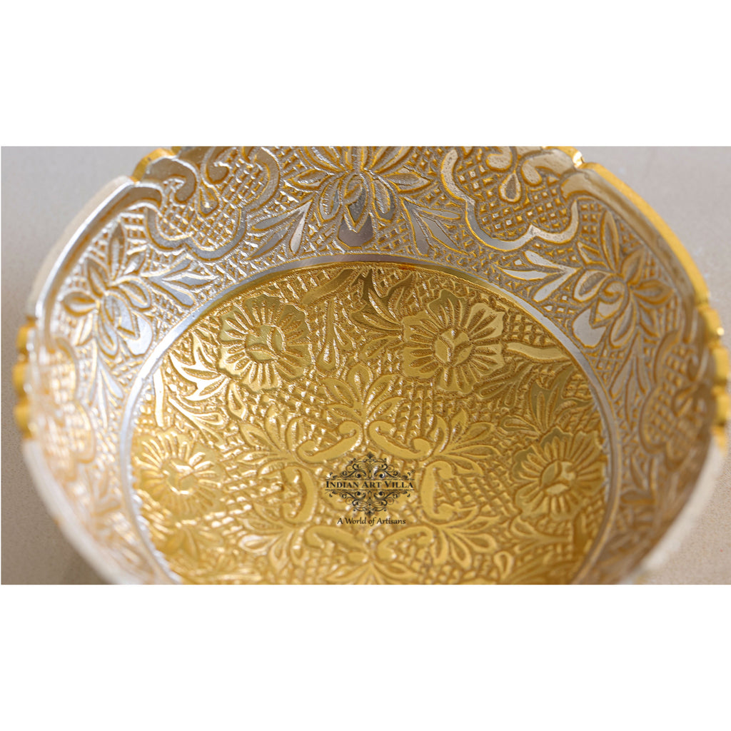 Indian Art Villa Silver Plated & Gold Polished Embossed Flower Design  Bowl With Spoon, Diwali Festive Gifts Item