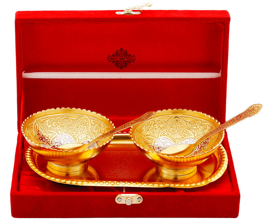Silver plated gold embossed flower design 2 bowl 2 spoon 1 tray front view — Indian Art Villa