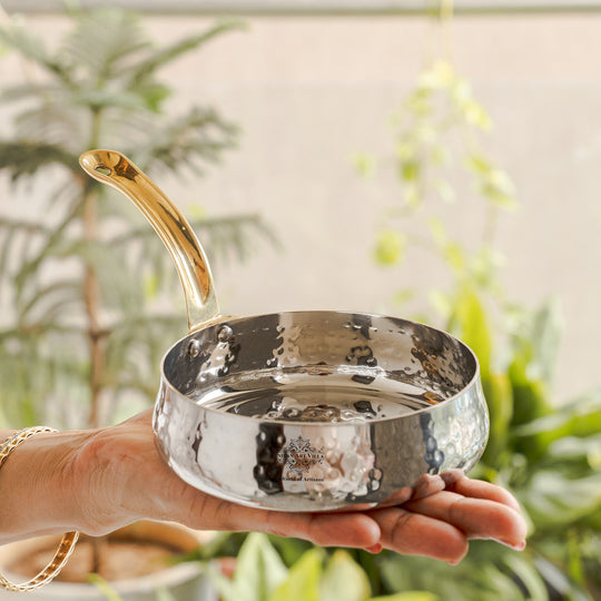 Pure Stainless Steel Curved Design Serving Sauce Pan with Brass Handle