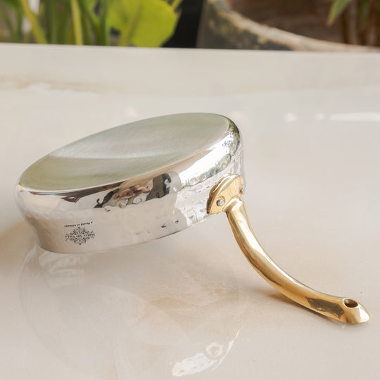 Pure Stainless Steel Curved Design Serving Sauce Pan with Brass Handle