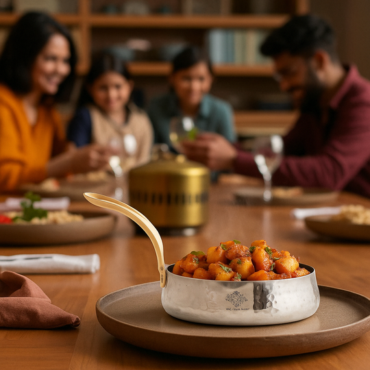 Pure Stainless Steel Curved Design Serving Sauce Pan with Brass Handle