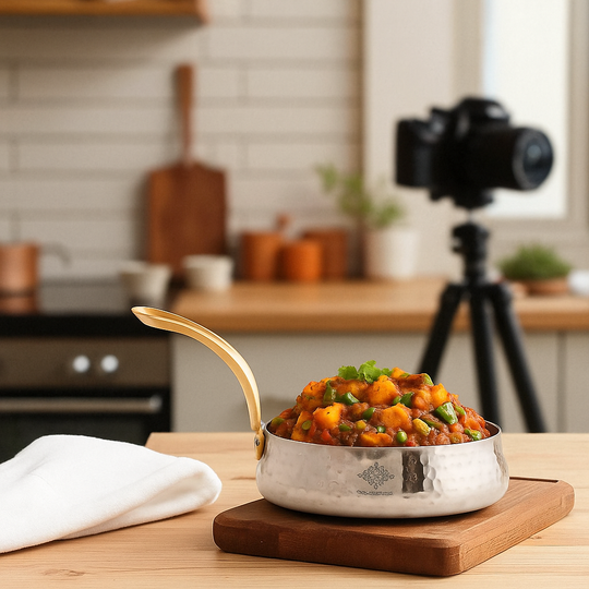 Pure Stainless Steel Curved Design Serving Sauce Pan with Brass Handle