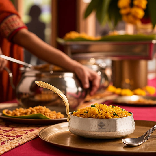 Pure Stainless Steel Curved Design Serving Sauce Pan with Brass Handle