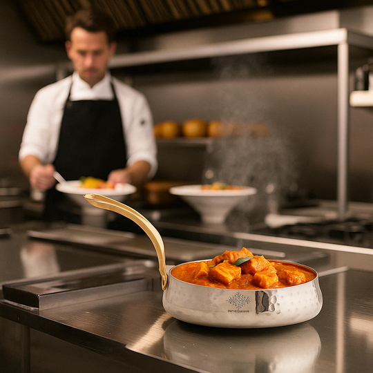 Pure Stainless Steel Curved Design Serving Sauce Pan with Brass Handle