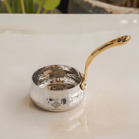 Stainless Steel Curved Design Serving Sauce Pan with Brass Handle