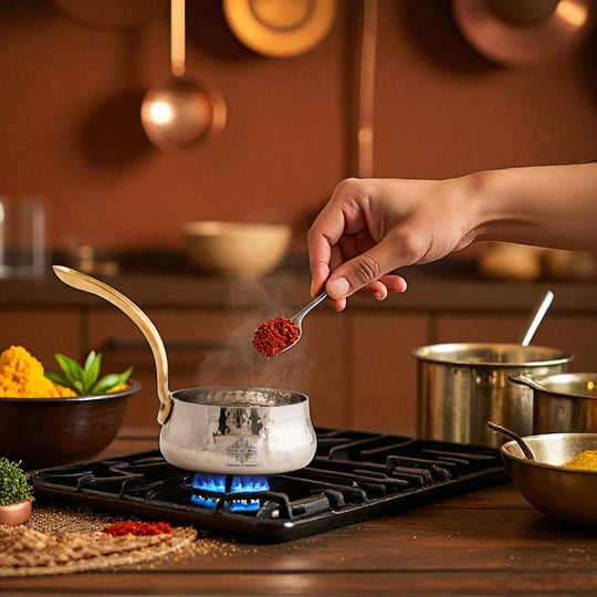 Stainless Steel Curved Design Serving Sauce Pan with Brass Handle