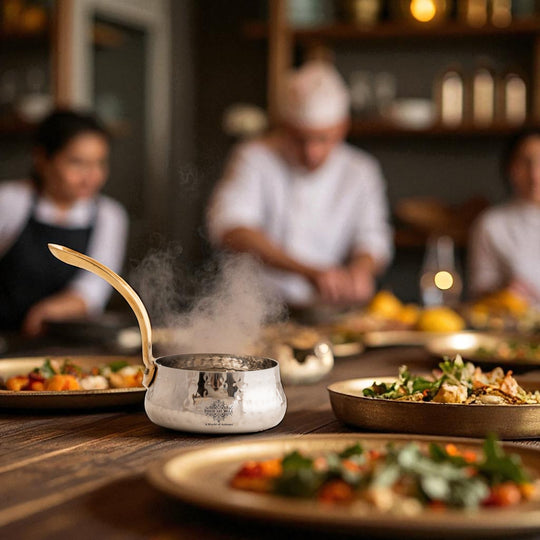 Stainless Steel Curved Design Serving Sauce Pan with Brass Handle
