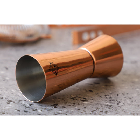 Brown finish steel double peg measure glass, angle view — Indian Art Villa