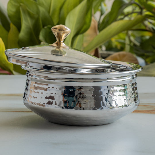 Pure Steel D/W Hammered Design Handi Bowl with Glass Lid