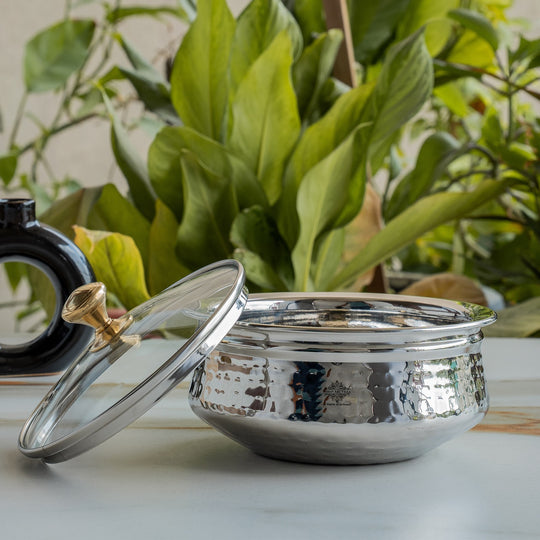 Pure Steel D/W Hammered Design Handi Bowl with Glass Lid
