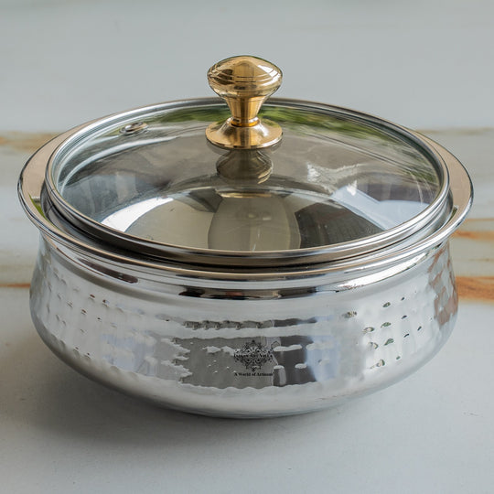Pure Steel D/W Hammered Design Handi Bowl with Glass Lid