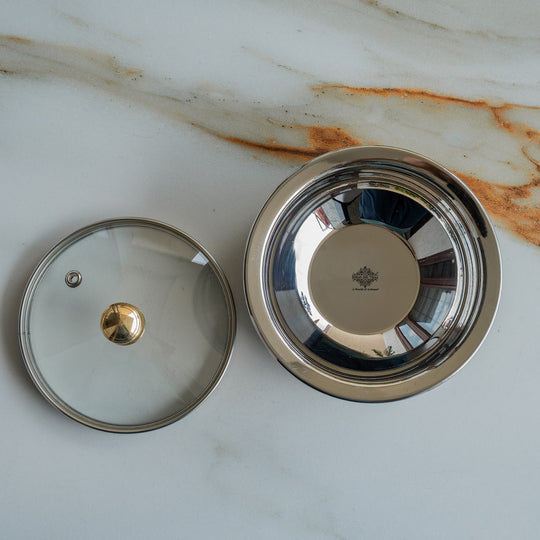 Pure Steel D/W Hammered Design Handi Bowl with Glass Lid