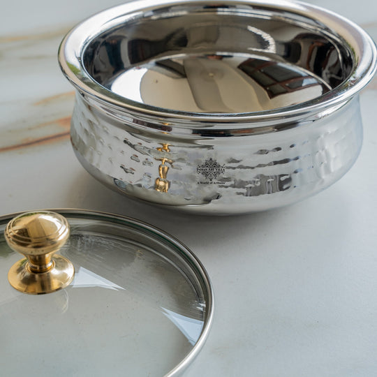 Pure Steel D/W Hammered Design Handi Bowl with Glass Lid