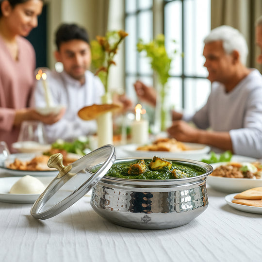 Pure Steel D/W Hammered Design Handi Bowl with Glass Lid