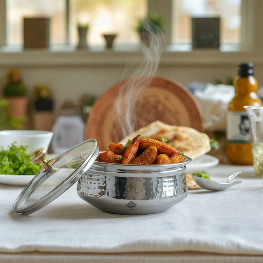 Pure Steel D/W Hammered Design Handi Bowl with Glass Lid