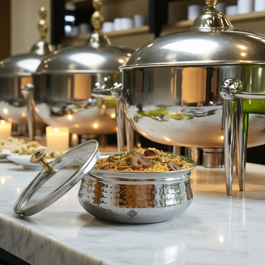 Pure Steel D/W Hammered Design Handi Bowl with Glass Lid