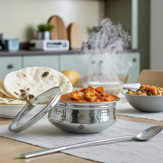 Pure Steel D/W Hammered Design Handi Bowl with Glass Lid