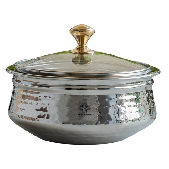 Pure Steel D/W Hammered Design Handi Bowl with Glass Lid