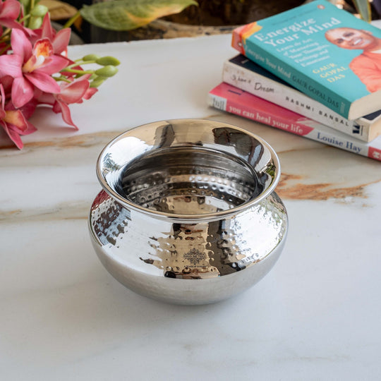 Handmade Steel Punjabi Handi with Hammered Design, Serveware & Tableware