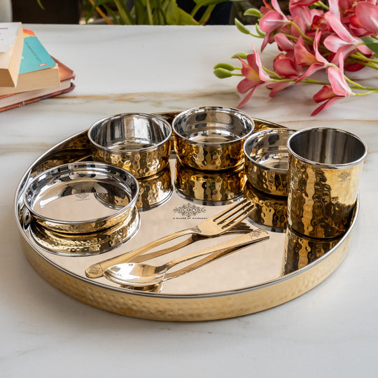 Steel Brass Hammered Thali Set – 8 Piece, 33 cm