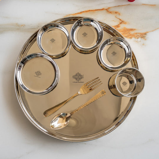 Steel Brass Hammered Thali Set – 8 Piece, 33 cm