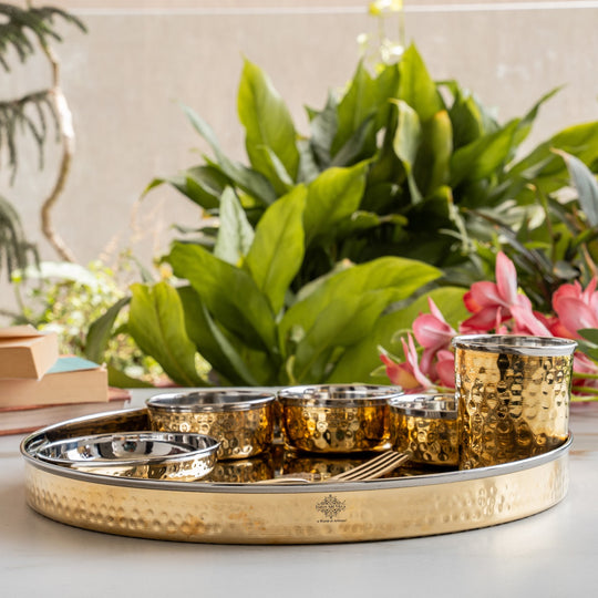 Steel Brass Hammered Thali Set – 8 Piece, 33 cm