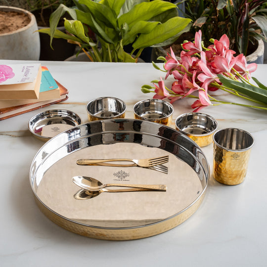Steel Brass Hammered Thali Set – 8 Piece, 33 cm