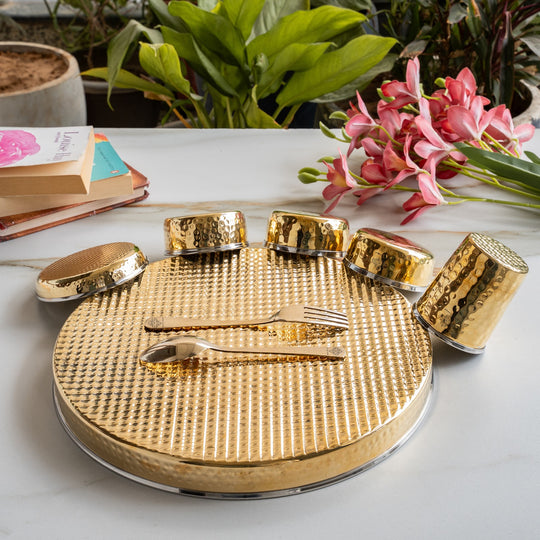 Steel Brass Hammered Thali Set – 8 Piece, 33 cm