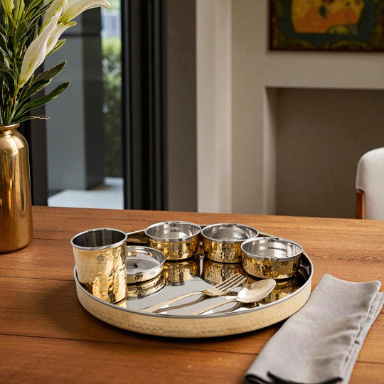 Steel Brass Hammered Thali Set – 8 Piece, 33 cm