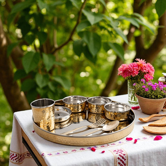 Steel Brass Hammered Thali Set – 8 Piece, 33 cm