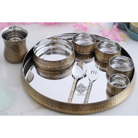 Steel Brass Hammered Curve Thali Set – 9 Piece