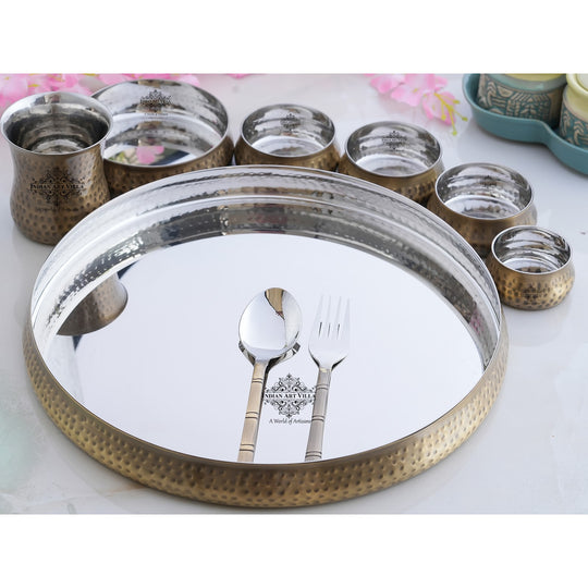 Steel Brass Hammered Curve Thali Set – 9 Piece