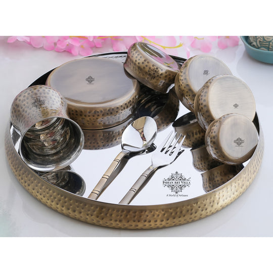 Steel Brass Hammered Curve Thali Set – 9 Piece
