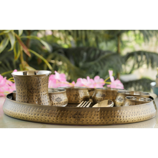Steel Brass Hammered Curve Thali Set – 9 Piece
