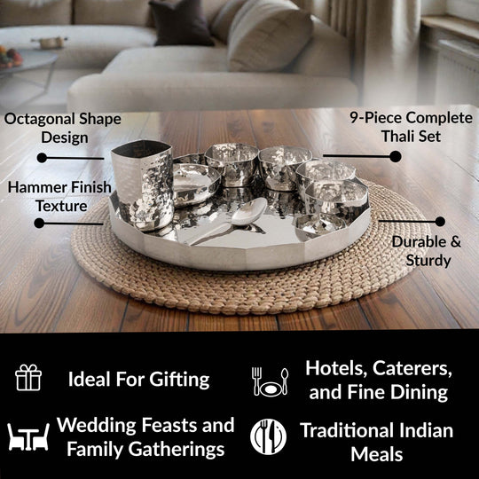 Stainless Steel Dinner Set With Hammered Finish Premium Design 9 Pcs Thali Set