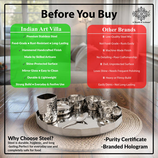 Stainless Steel Dinner Set With Hammered Finish Premium Design 9 Pcs Thali Set
