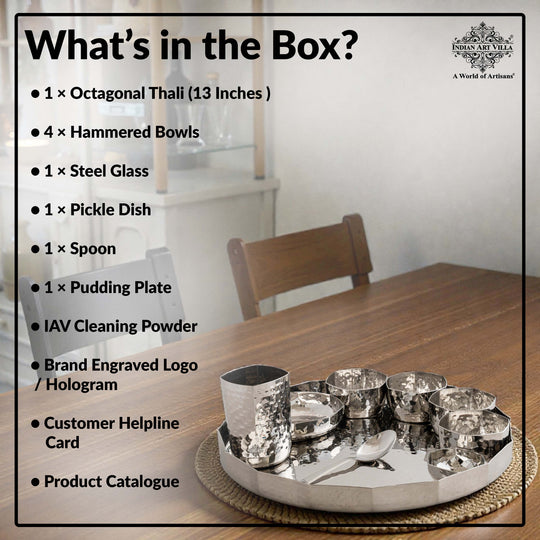 Stainless Steel Dinner Set With Hammered Finish Premium Design 9 Pcs Thali Set